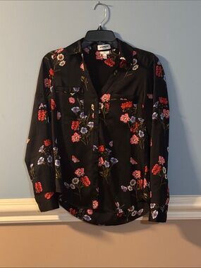 Express slim fit Black Floral Satin Button-Up Shirt